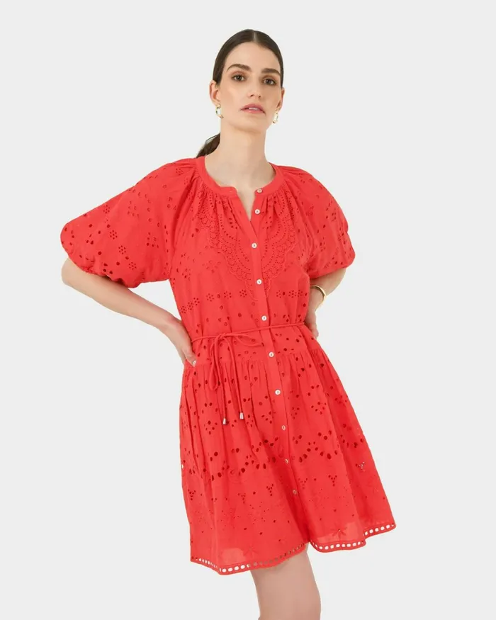 Forcast Lola Broderie Tiered Dress Fiesta Red Women Mini Dresses