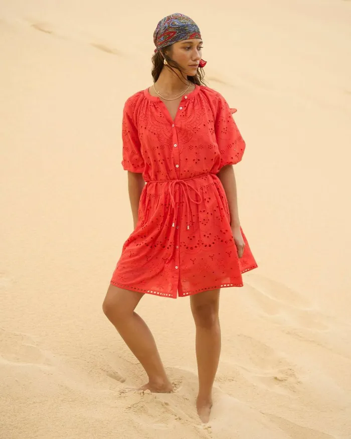 Forcast Lola Broderie Tiered Dress Fiesta Red Women Mini Dresses