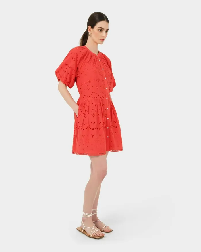 Forcast Lola Broderie Tiered Dress Fiesta Red Women Mini Dresses