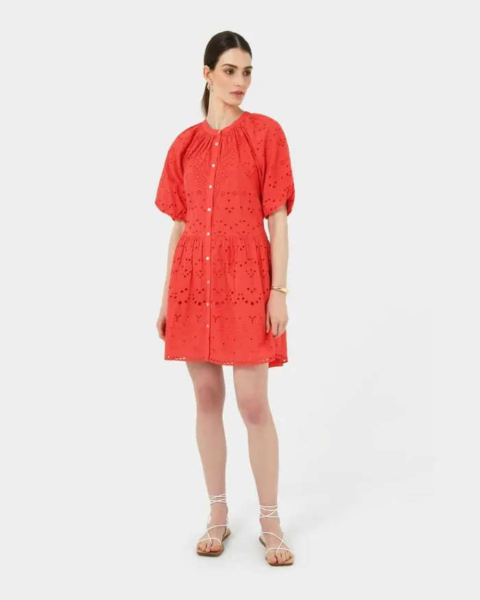 Forcast Lola Broderie Tiered Dress Fiesta Red Women Mini Dresses