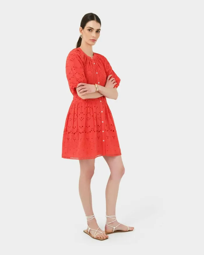 Forcast Lola Broderie Tiered Dress Fiesta Red Women Mini Dresses