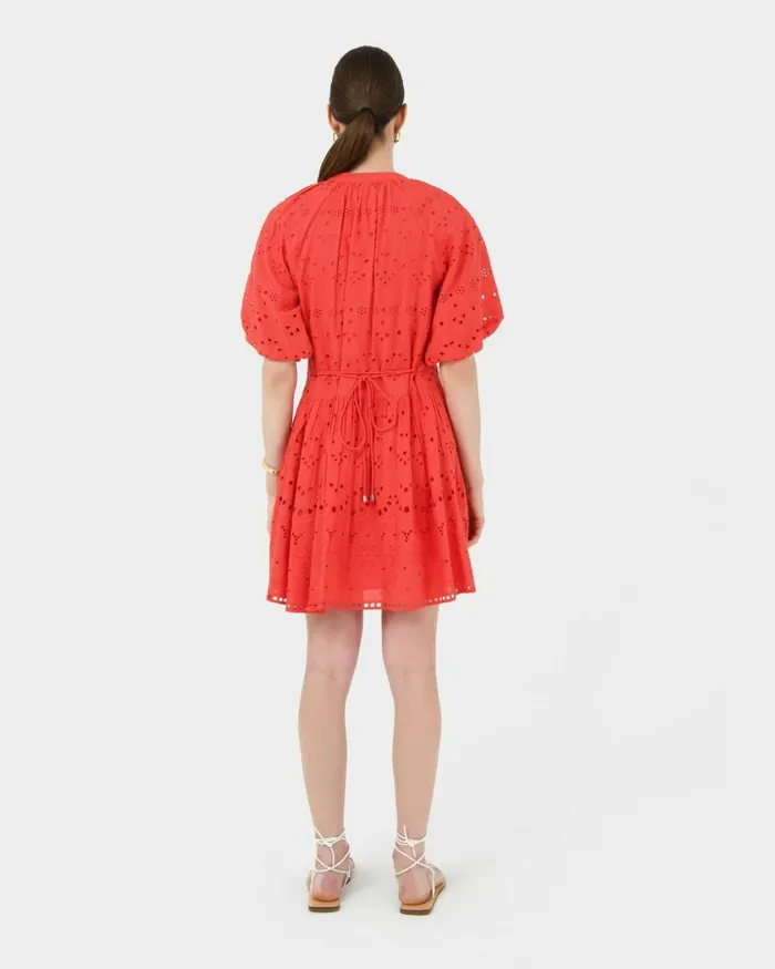 Forcast Lola Broderie Tiered Dress Fiesta Red Women Mini Dresses