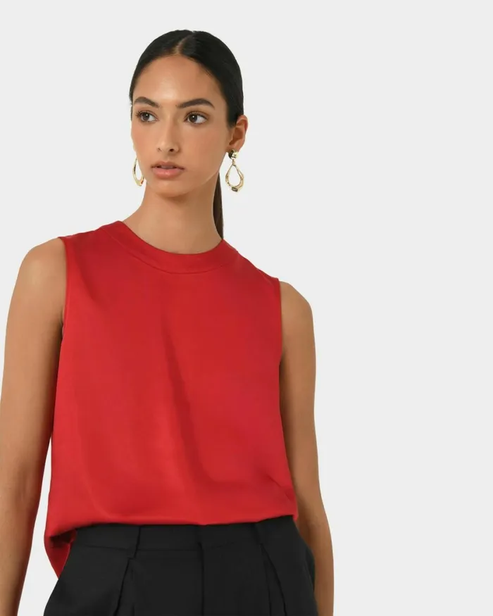 Forcast Louisa Round Neck Satin Top Redblack Women TShirts and Tops