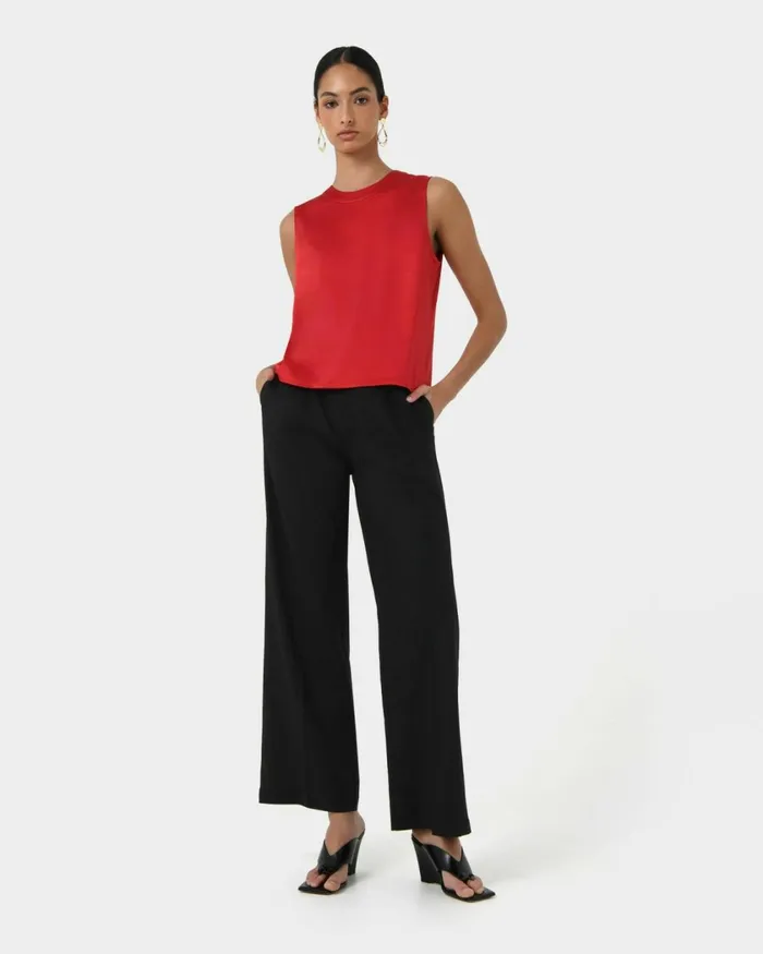 Forcast Louisa Round Neck Satin Top Redblack Women TShirts and Tops