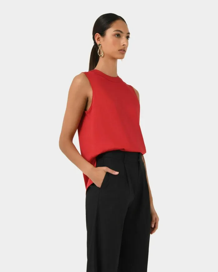 Forcast Louisa Round Neck Satin Top Redblack Women TShirts and Tops