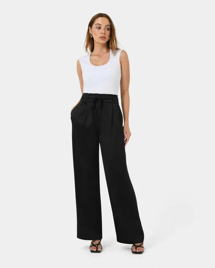 Forcast Louisa Wide Leg Satin Pants Black Women HighWaisted Pants