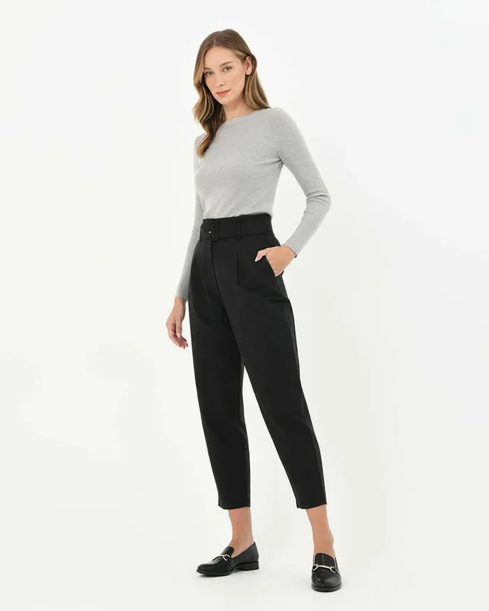 Forcast Lucille Highwaist Belted Pants Black Women HighWaisted Pants
