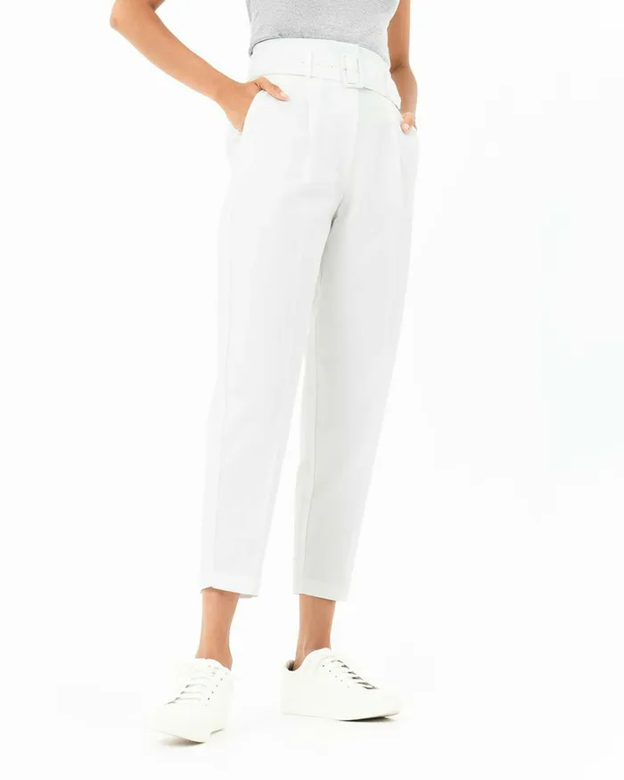 Forcast Lucille Highwaist Belted Pants Ivory Women HighWaisted Pants