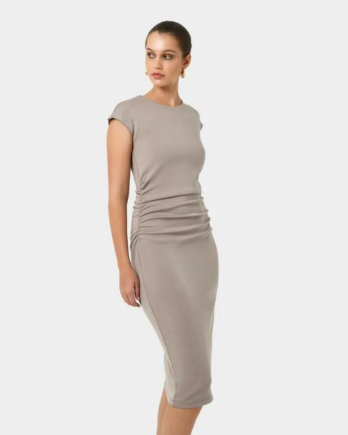 Forcast Lulu Ruched Midi Dress Mushroomrednavy Women Midi Dresses