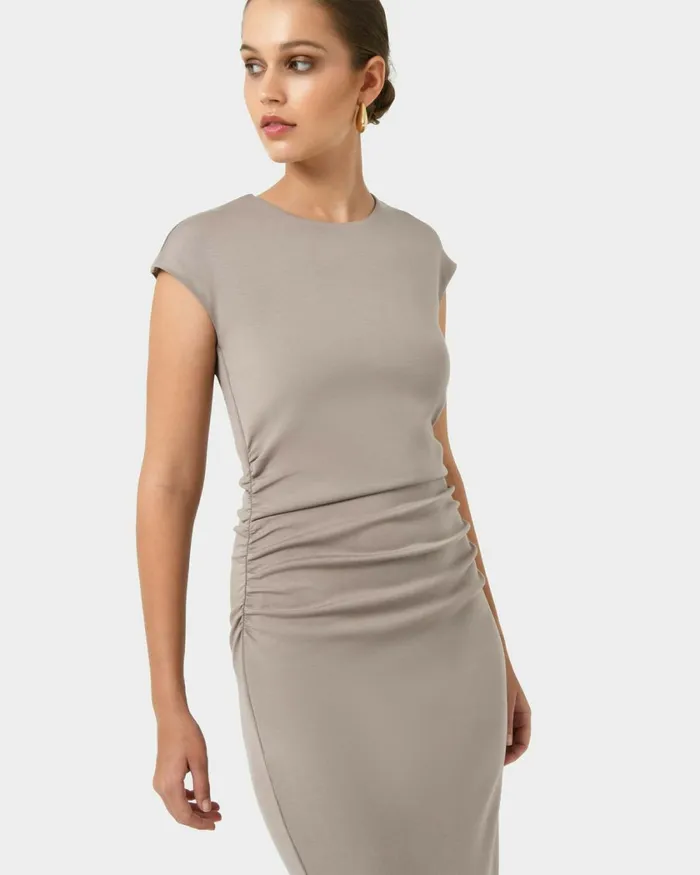 Forcast Lulu Ruched Midi Dress Mushroomrednavy Women Midi Dresses