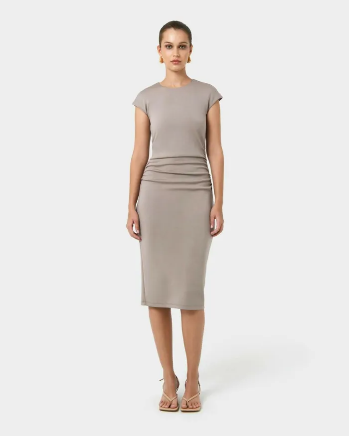 Forcast Lulu Ruched Midi Dress Mushroomrednavy Women Midi Dresses