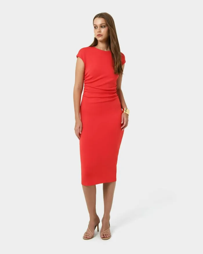 Forcast Lulu Ruched Midi Dress Mushroomrednavy Women Midi Dresses