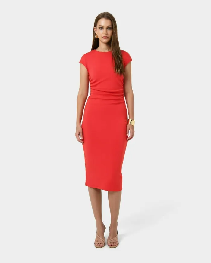 Forcast Lulu Ruched Midi Dress Mushroomrednavy Women Midi Dresses