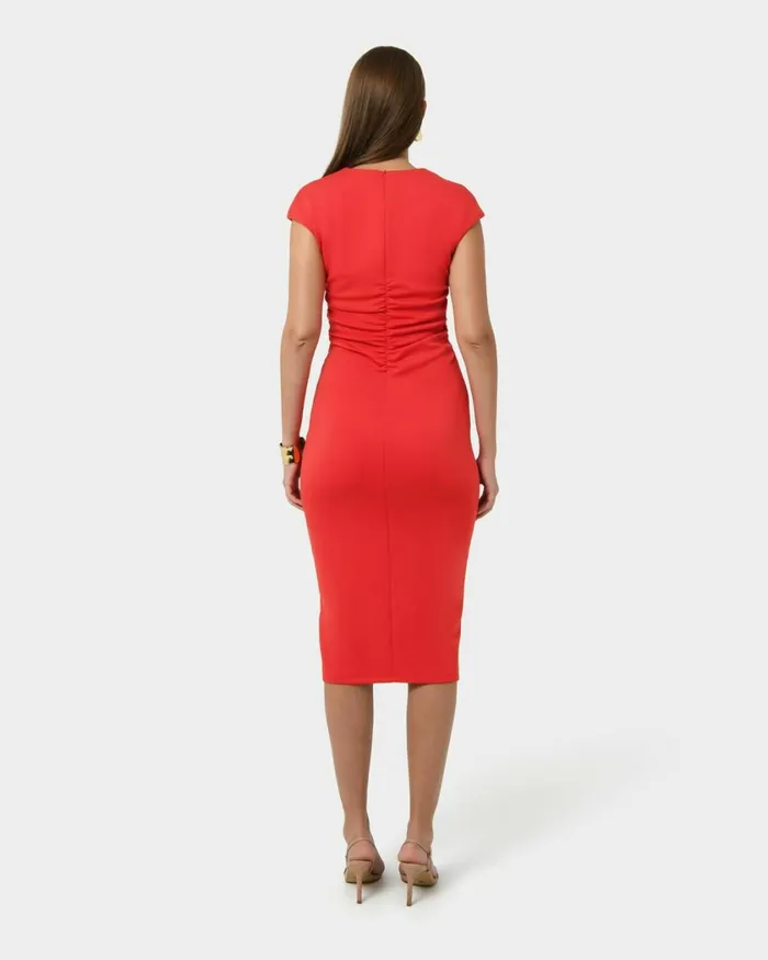 Forcast Lulu Ruched Midi Dress Mushroomrednavy Women Midi Dresses