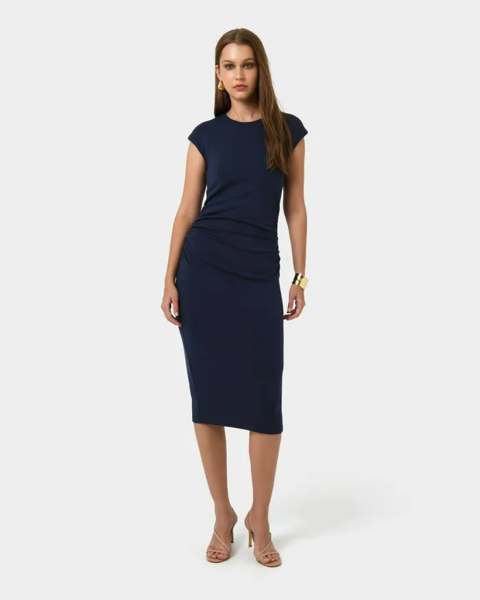 Forcast Lulu Ruched Midi Dress Mushroomrednavy Women Midi Dresses
