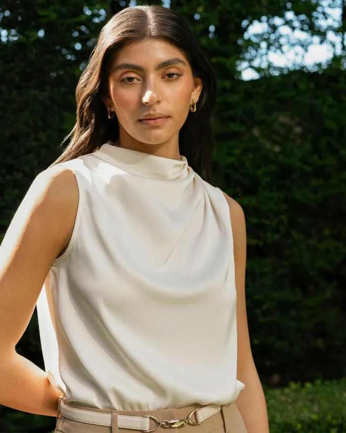 Forcast Mae Cowl Neck Top Cherry Tomatochampagneblack Women TShirts and Tops