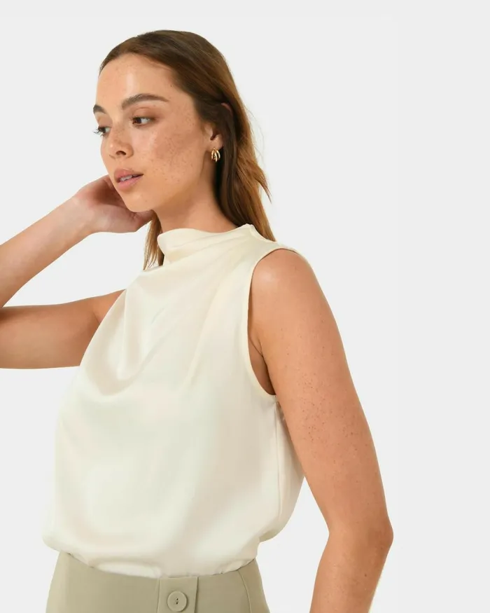 Forcast Mae Cowl Neck Top Cherry Tomatochampagneblack Women TShirts and Tops