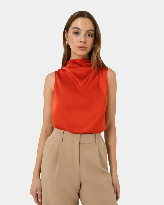 Forcast Mae Cowl Neck Top Cherry Tomatochampagneblack Women TShirts and Tops