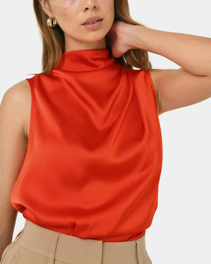 Forcast Mae Cowl Neck Top Cherry Tomatochampagneblack Women TShirts and Tops