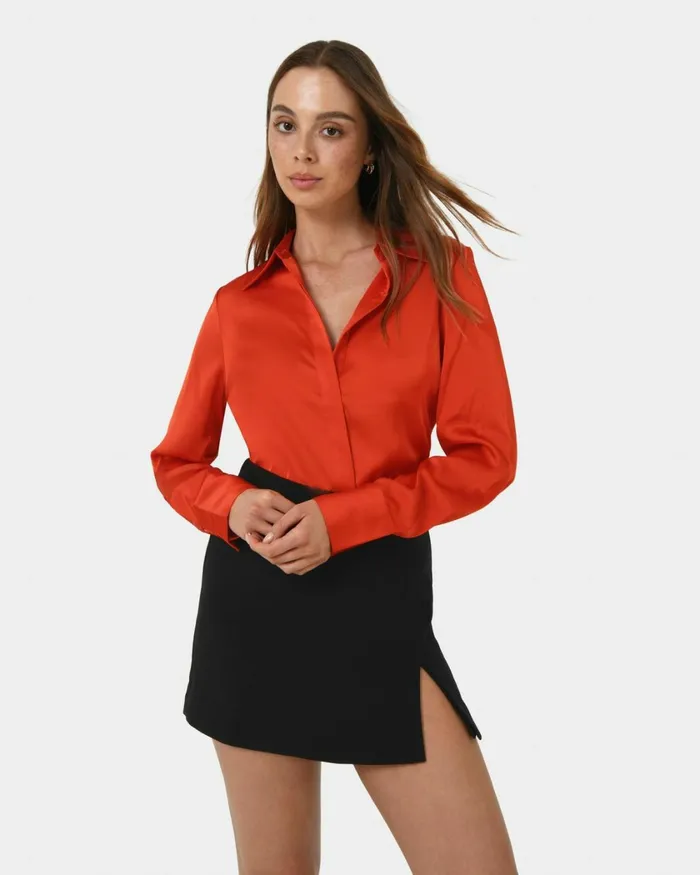 Forcast Mae Satin Shirt Cherry Tomatochampagneblack Women Long Sleeve Tops