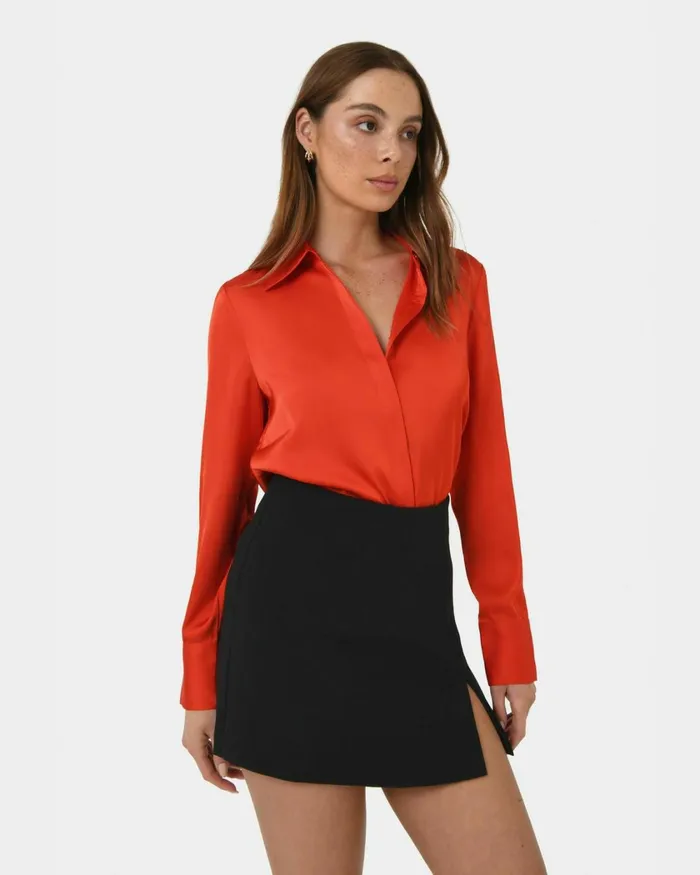 Forcast Mae Satin Shirt Cherry Tomatochampagneblack Women Long Sleeve Tops