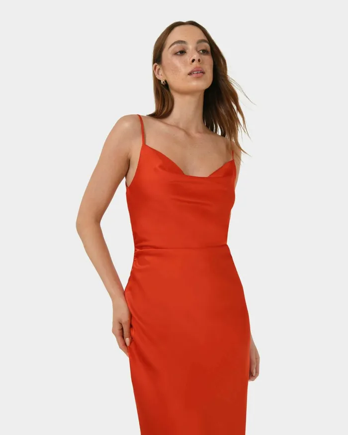 Forcast Mae Side Ruched Satin Dress Cherry Tomatoblack Women Midi Dresses