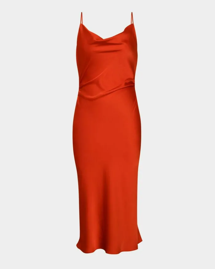 Forcast Mae Side Ruched Satin Dress Cherry Tomatoblack Women Midi Dresses