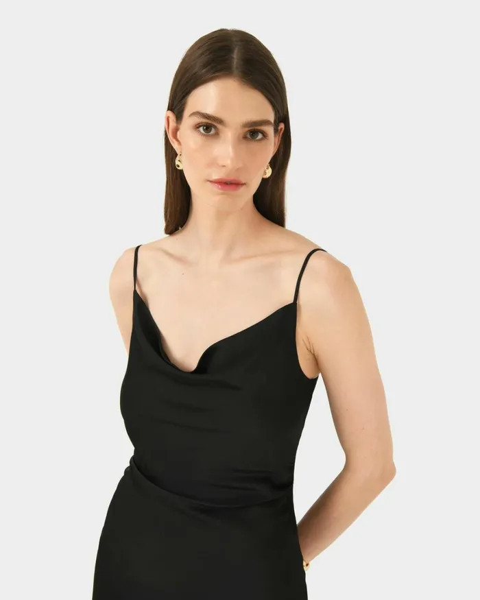 Forcast Mae Side Ruched Satin Dress Cherry Tomatoblack Women Midi Dresses