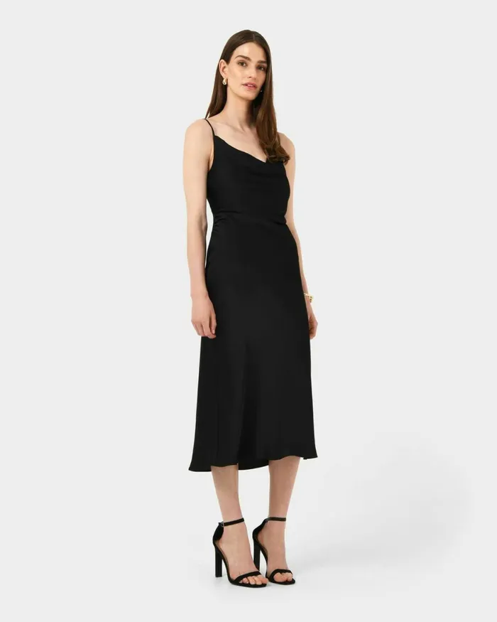 Forcast Mae Side Ruched Satin Dress Cherry Tomatoblack Women Midi Dresses