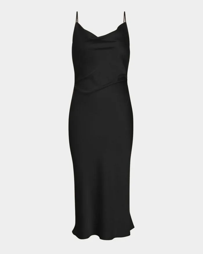 Forcast Mae Side Ruched Satin Dress Cherry Tomatoblack Women Midi Dresses