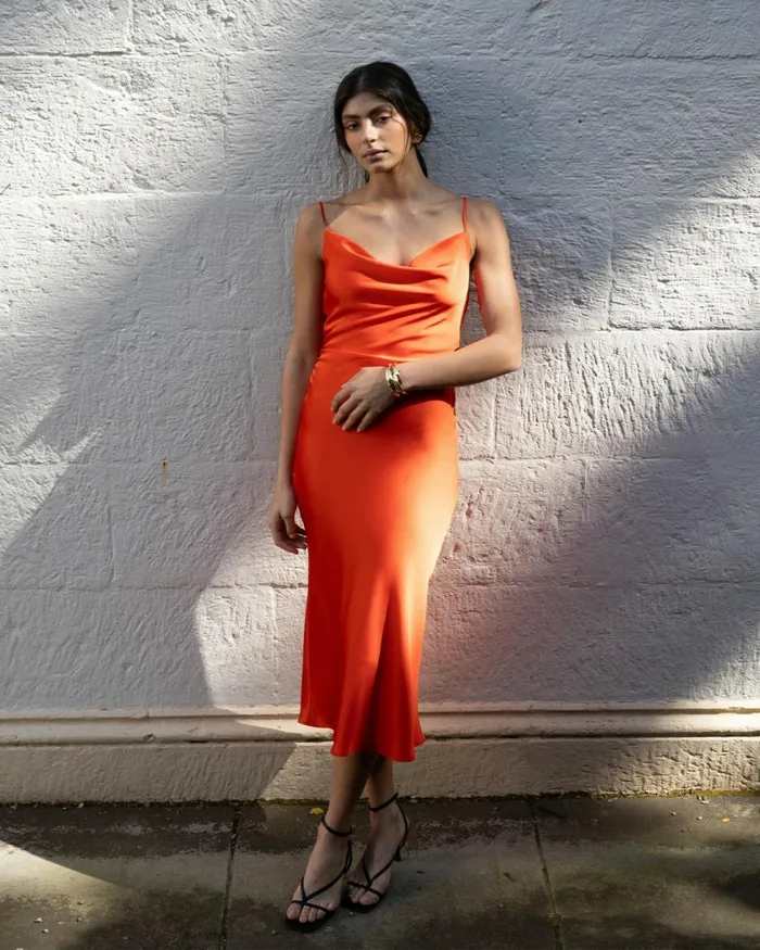 Forcast Mae Side Ruched Satin Dress Cherry Tomatoblack Women Midi Dresses