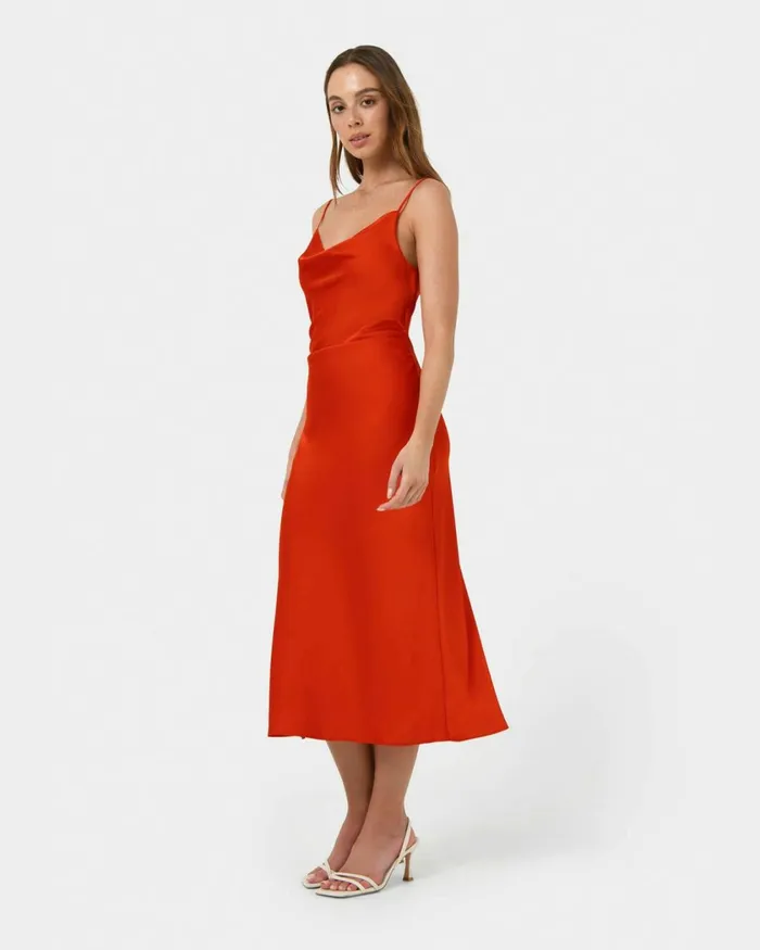 Forcast Mae Side Ruched Satin Dress Cherry Tomatoblack Women Midi Dresses