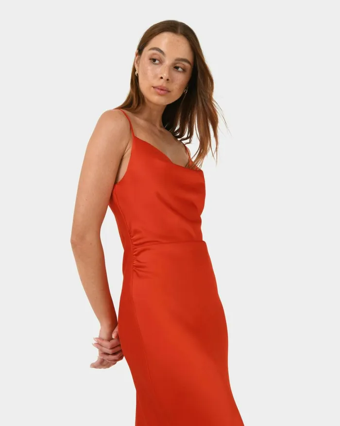 Forcast Mae Side Ruched Satin Dress Cherry Tomatoblack Women Midi Dresses