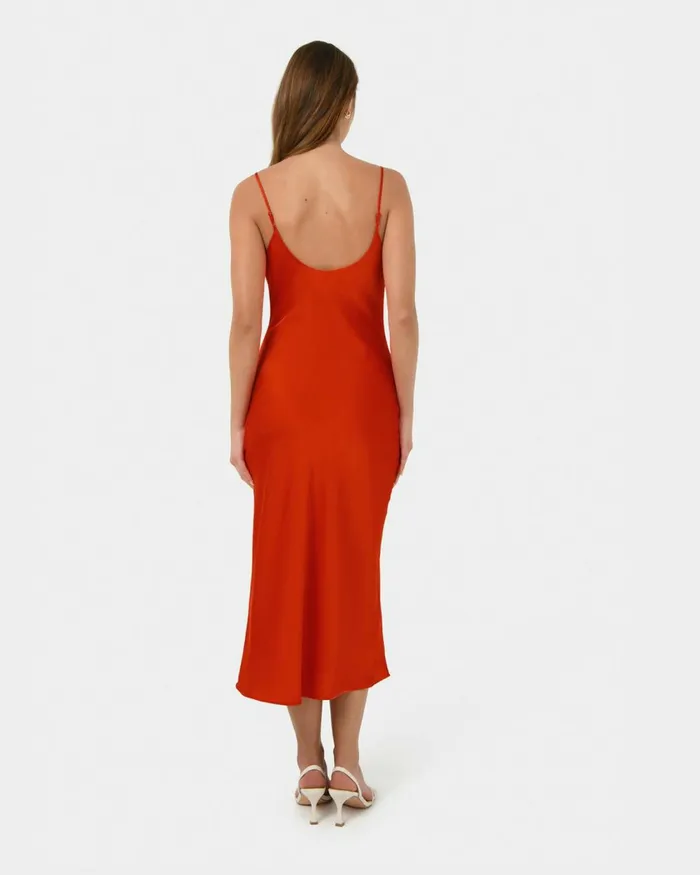 Forcast Mae Side Ruched Satin Dress Cherry Tomatoblack Women Midi Dresses