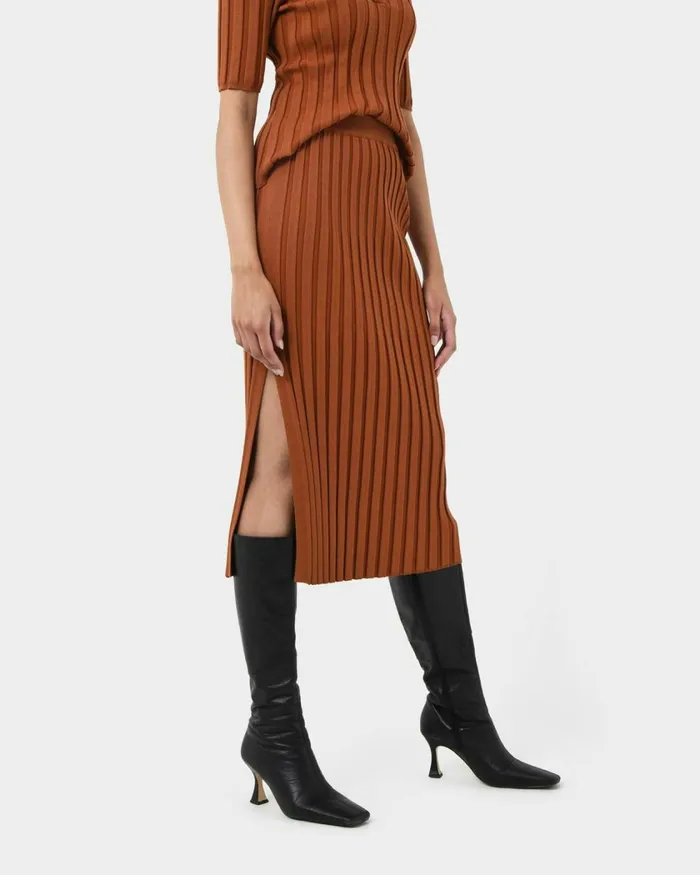 Forcast Manhattan Knit Skirt Rust Women Midi and Maxi Skirts