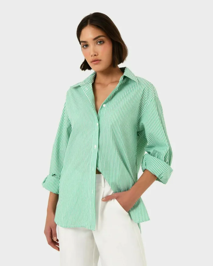 Forcast Manhattan Striped Cotton Shirt Green Women TShirts and Tops