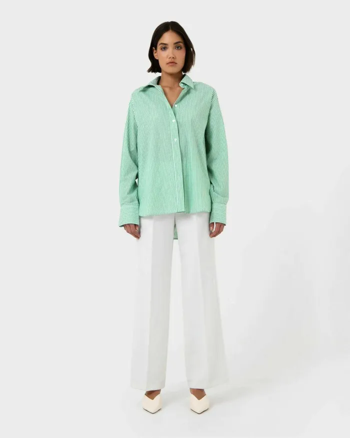 Forcast Manhattan Striped Cotton Shirt Green Women TShirts and Tops