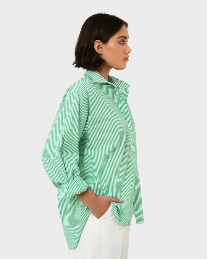 Forcast Manhattan Striped Cotton Shirt Green Women TShirts and Tops