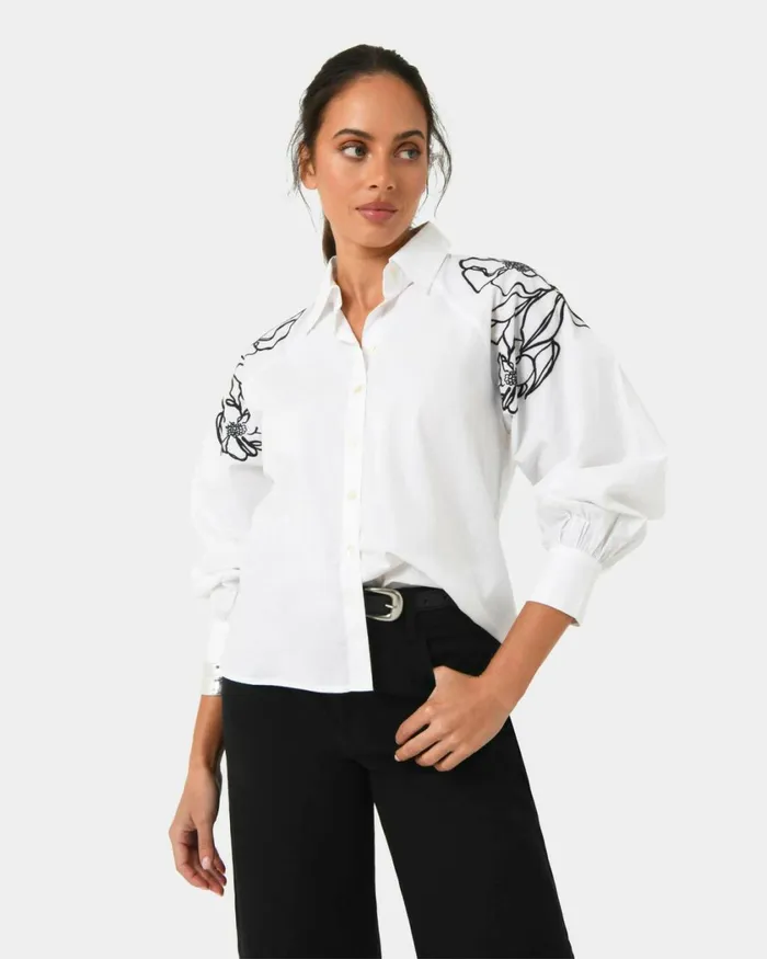 Forcast Maren Embroidered Cotton Shirt White Women Long Sleeve Tops