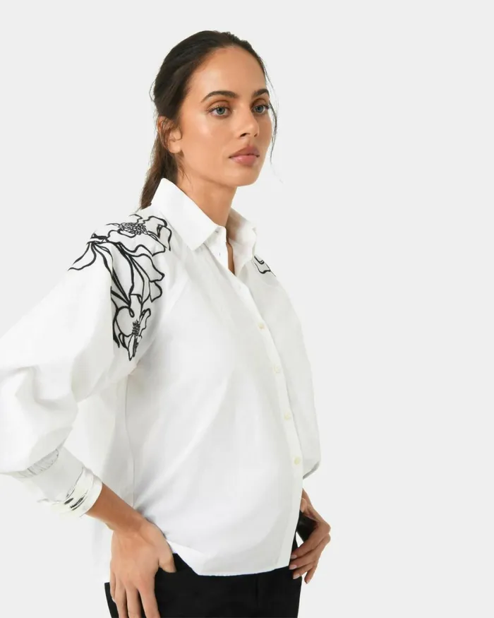 Forcast Maren Embroidered Cotton Shirt White Women Long Sleeve Tops