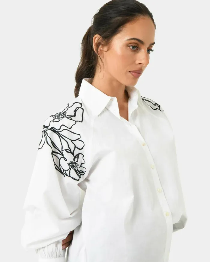Forcast Maren Embroidered Cotton Shirt White Women Long Sleeve Tops