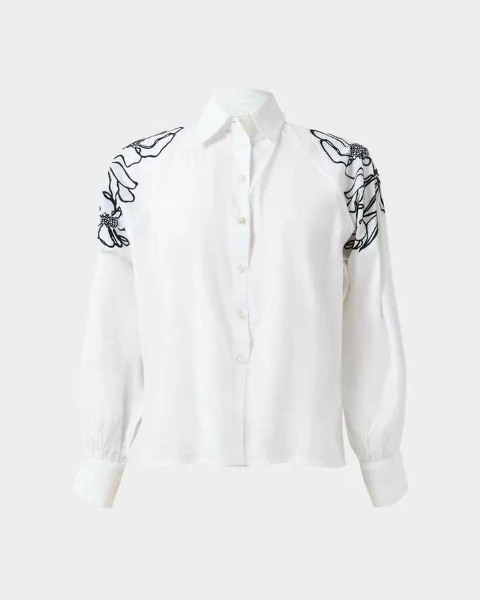 Forcast Maren Embroidered Cotton Shirt White Women Long Sleeve Tops