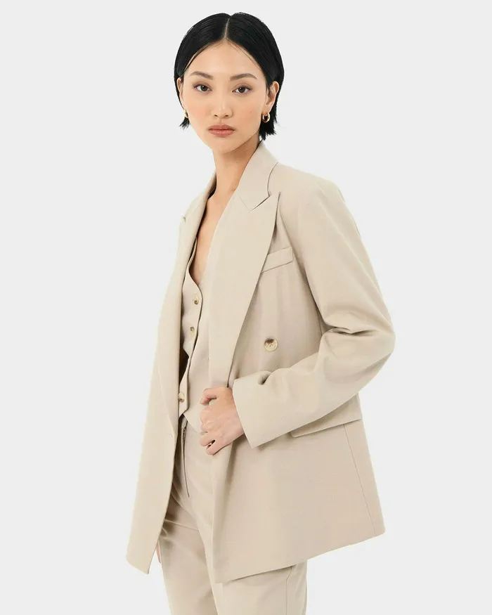 Forcast Mariel Double Breasted Blazer Sand Beige Women Jackets and Blazers