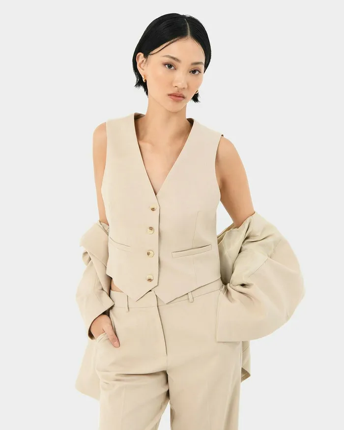 Forcast Mariel Tailored Vest Sand Beige Women TShirts and Tops