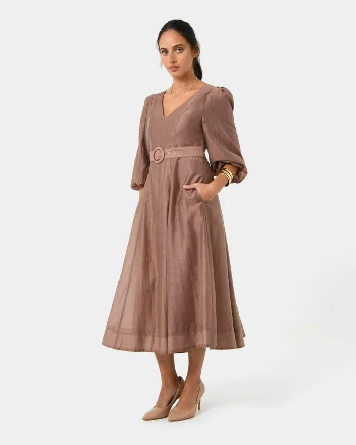 Forcast Marlie Puff Sleeve Midi Dress Ash Bluewood Smoke Women Midi Dresses