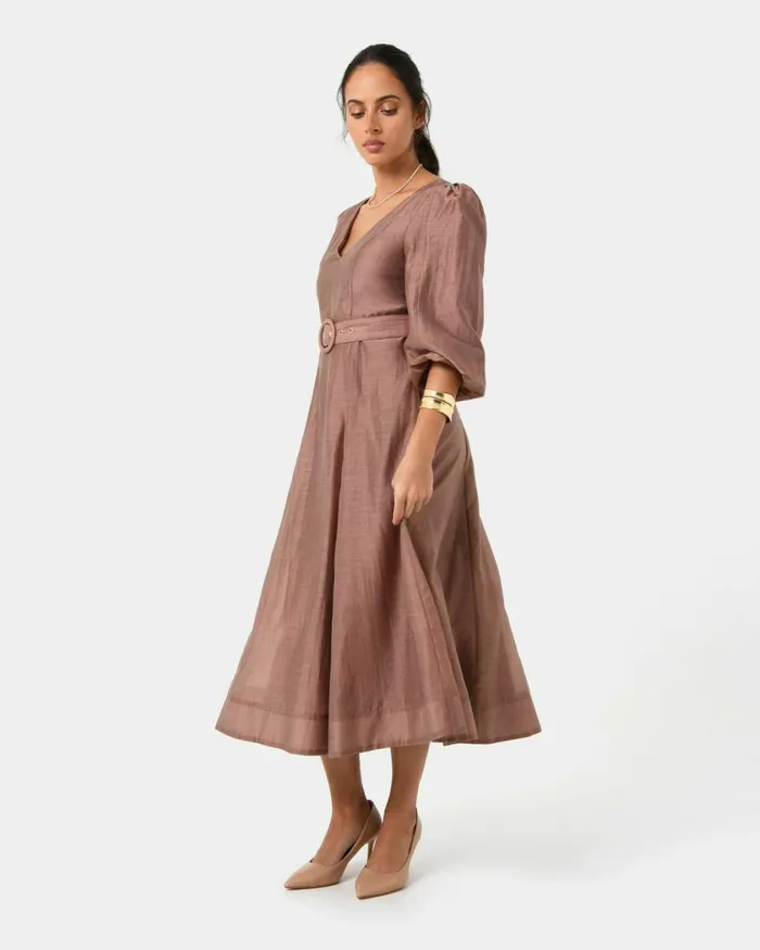 Forcast Marlie Puff Sleeve Midi Dress Ash Bluewood Smoke Women Midi Dresses