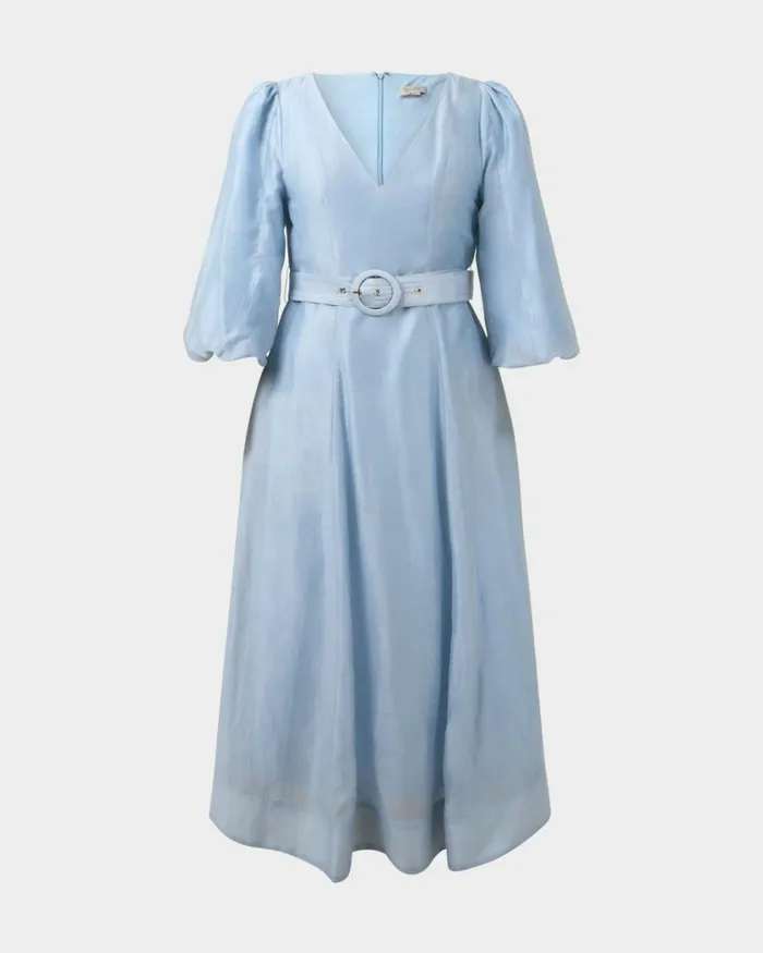 Forcast Marlie Puff Sleeve Midi Dress Ash Bluewood Smoke Women Midi Dresses