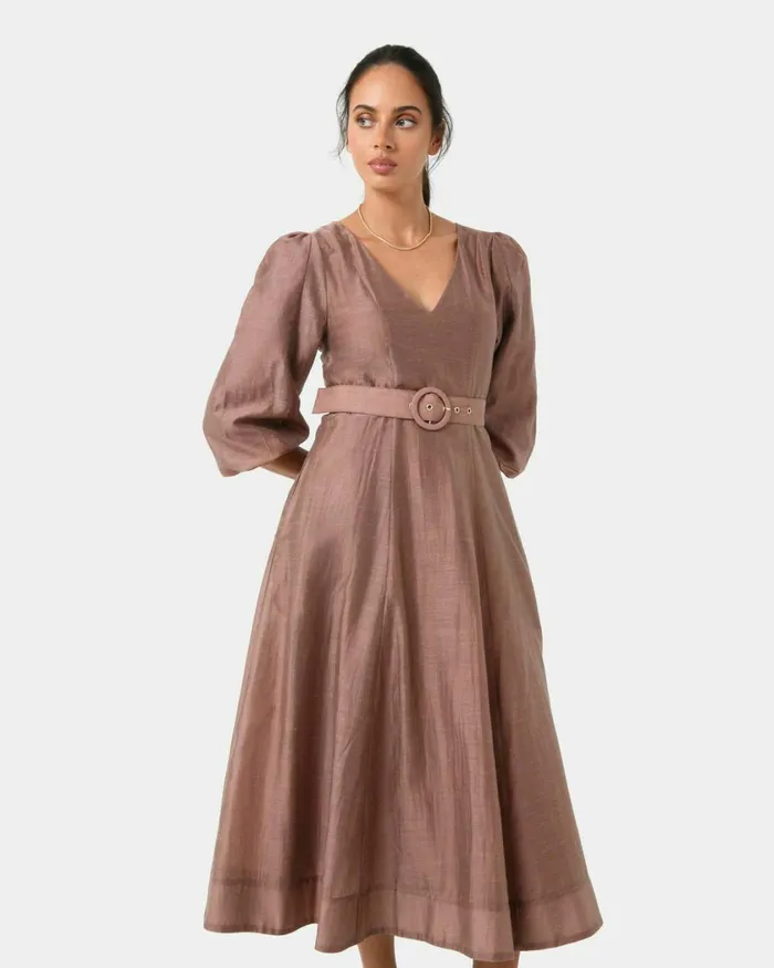 Forcast Marlie Puff Sleeve Midi Dress Ash Bluewood Smoke Women Midi Dresses