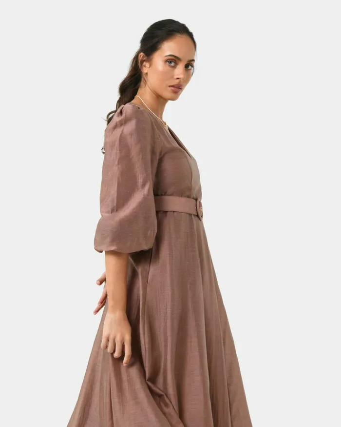 Forcast Marlie Puff Sleeve Midi Dress Ash Bluewood Smoke Women Midi Dresses