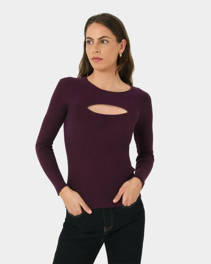 Forcast Maryam Cut Out Knit Top Purple Women TShirts and Tops